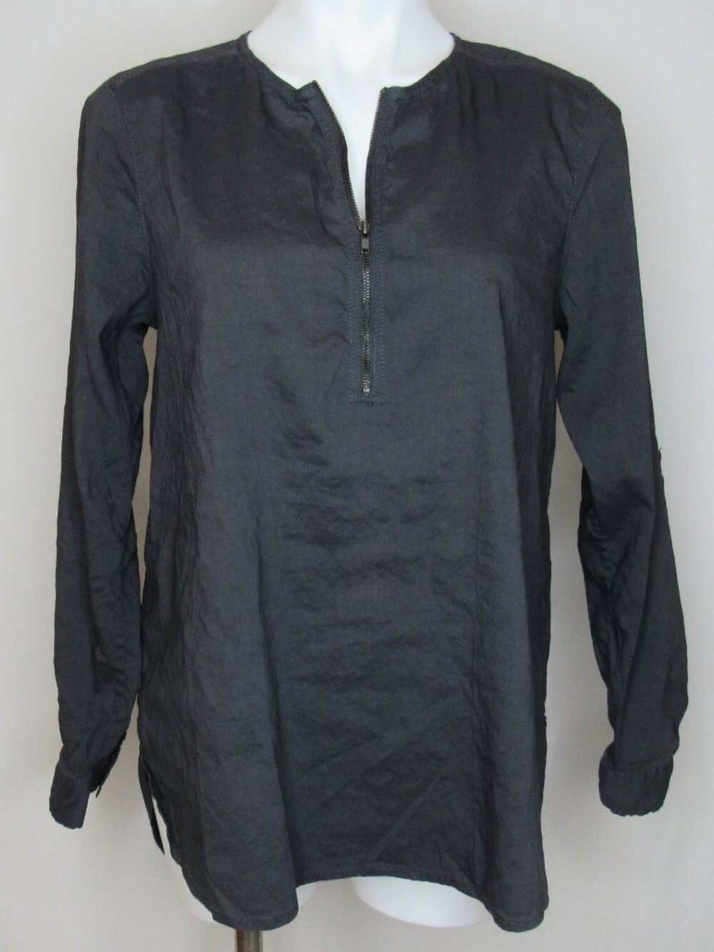 Eileen Fisher Charcoal Black 1/4 Zip Tab Roll Long Sleeve Tunic Top M Flaw